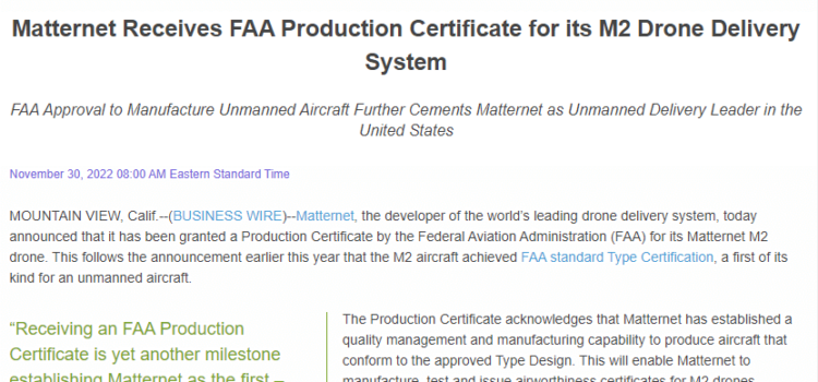Matternet Receives FAA Production Certificate for its M2 Drone Delivery System Matternet Receives FAA Production Certificate for its M2 Drone Delivery System