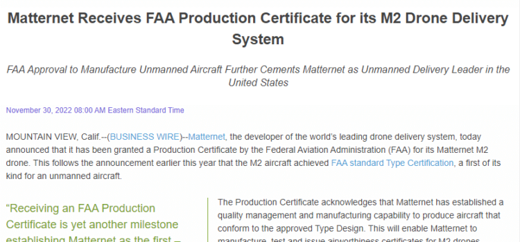 Matternet Receives FAA Production Certificate for its M2 Drone Delivery System