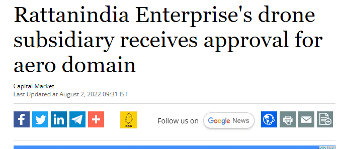 Rattanindia Enterprise’s drone subsidiary receives approval for aero domain