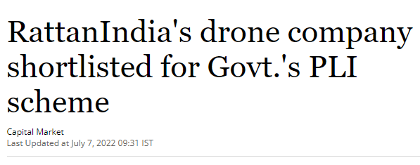 RattanIndia’s drone company shortlisted for Govt.’s PLI scheme